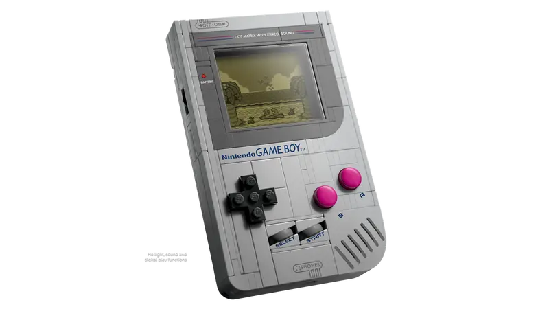 Anpassningsbar, klossbyggd Game Boy™ kopia Bygg en nästan fullskalig kopia av originalsystemet Game Boy™ från Nintendo® och visa upp din skapelse på det byggbara stället.