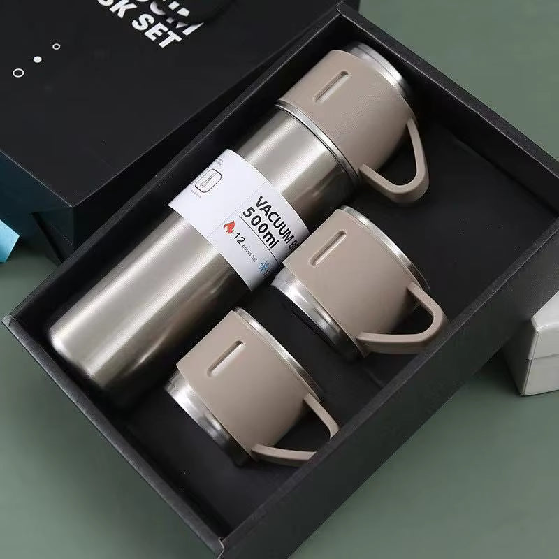 Rostfri Vattenflaska med 3 Muggar – Isolerad Termos med Handtag & Läckagesäkert Lock (500 ml)