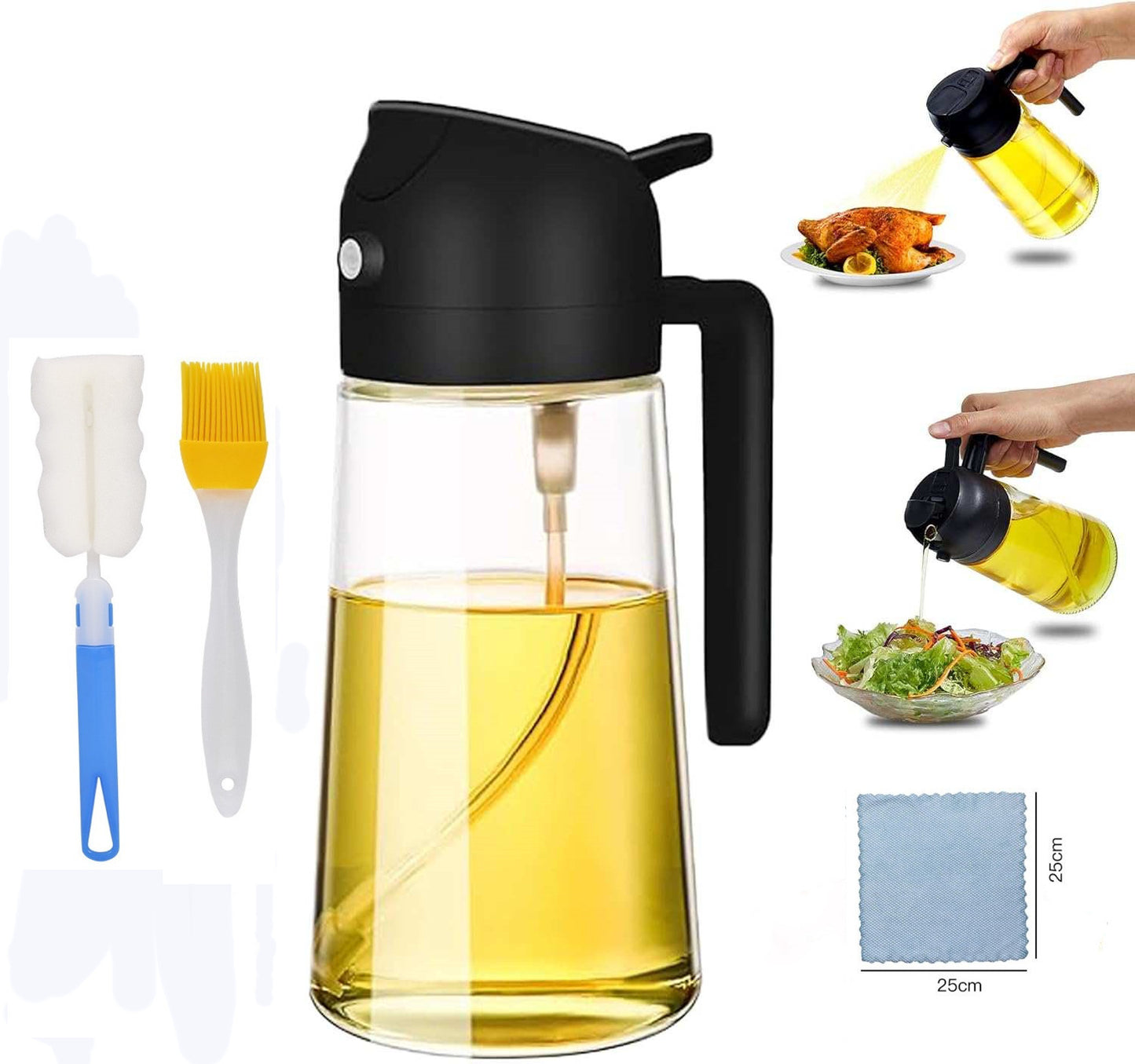 Premium 2-i-1 Oljeflaska i Glas med Sprayfunktion & Silikonpensel