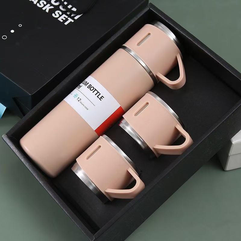 Rostfri Vattenflaska med 3 Muggar – Isolerad Termos med Handtag & Läckagesäkert Lock (500 ml)