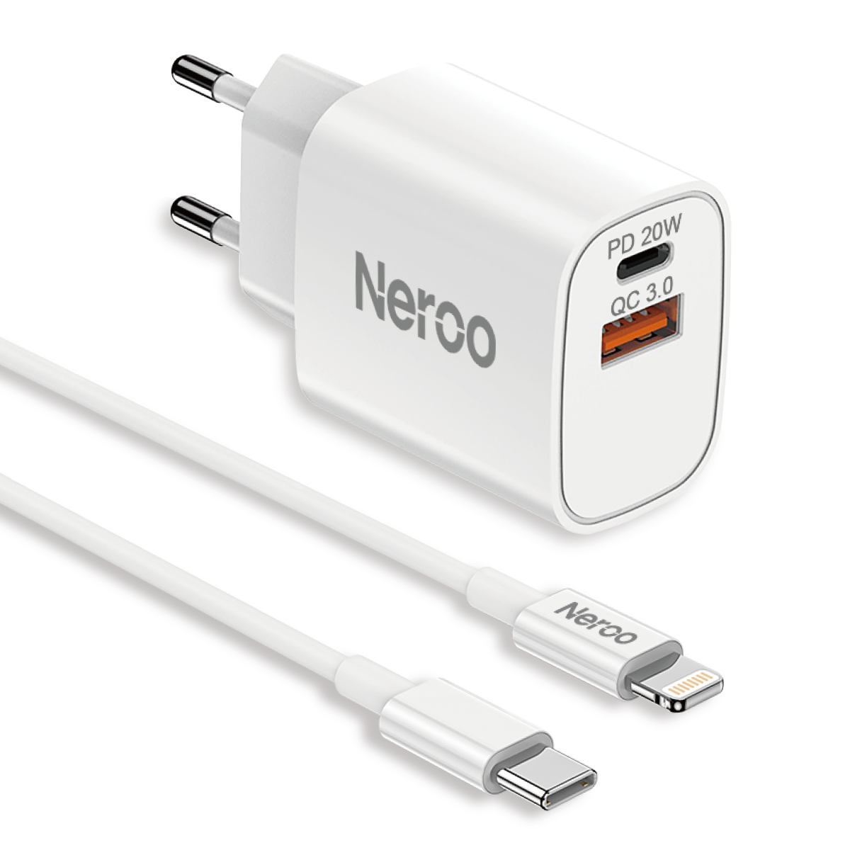 NEROO Fast Charging Set – USB-C to Lightning (2m Cable 27W + 20W Adapter)