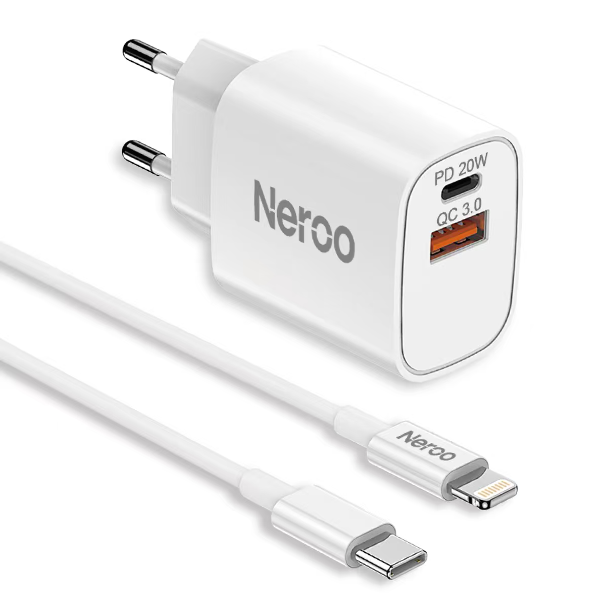 NEROO 20W Snabbladdare 10 Set – USB-C + USB-A Adapter & Type-C till Lightning Kabel (Grossist)
