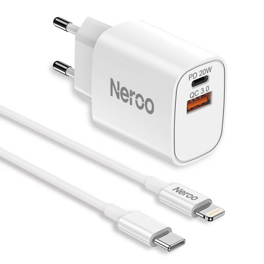 NEROO 20W Snabbladdare 10 Set – USB-C + USB-A Adapter & Type-C till Lightning Kabel (Grossist)